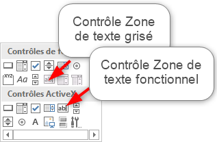 Excel, Le bouton Zone de texte grisé dans la catégorie Contrôles de formulaire.
