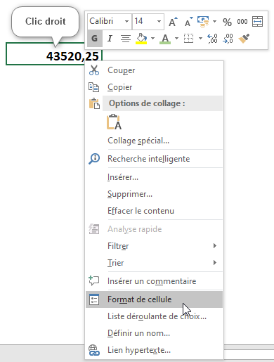 Excel, Format de cellule par clic droit.