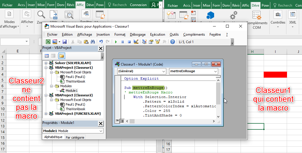 Excel, Les deux classeurs ouverts avec l'éditeur VBE