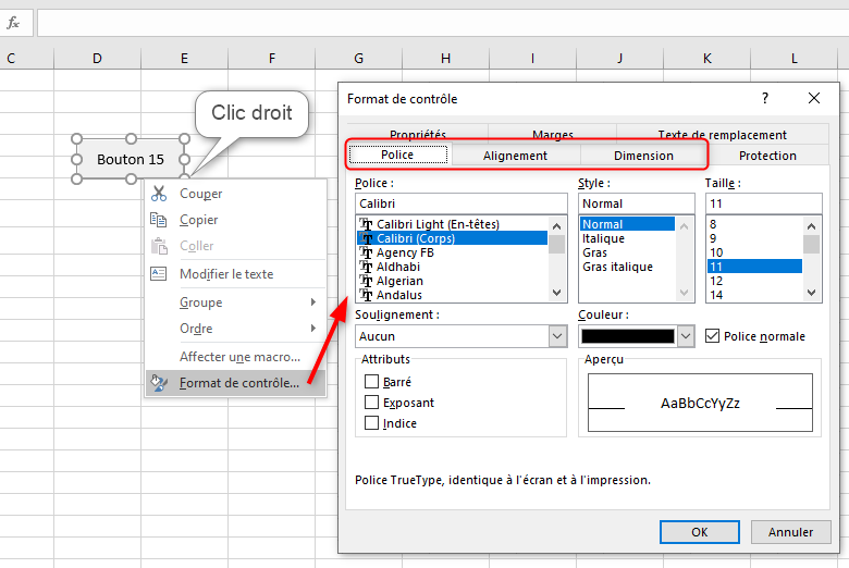 Excel, Format de boutons de commande Contrôle de formulaire.