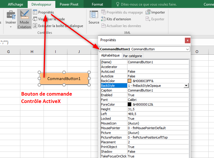 Excel, Les propriétés d'un bouton de commande ActiveX.