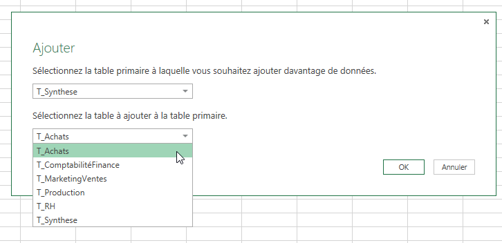 Excel, Sélectionner les tables à ajouter