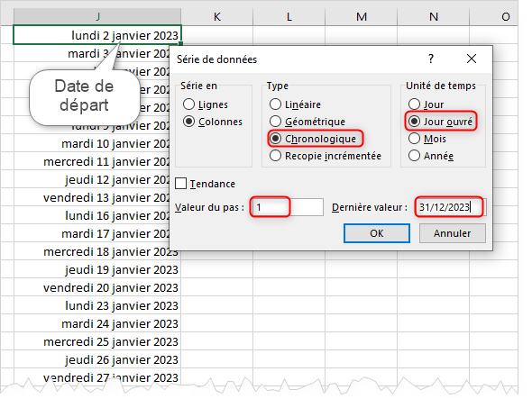 Excel, Liste des jours ouvrés de l'année 2023.