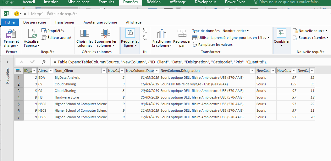 Excel, Tables fusionnées