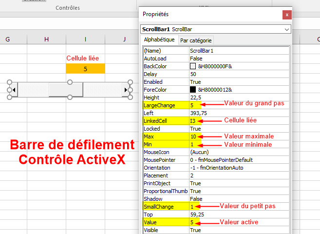Excel, Barre de défilement Contrôle ActiveX.