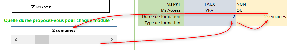 Excel, Une barre de défilement pour proposer une durée de formation.