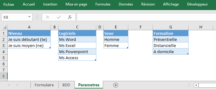 Excel, La feuille de paramétrage du formulaire.