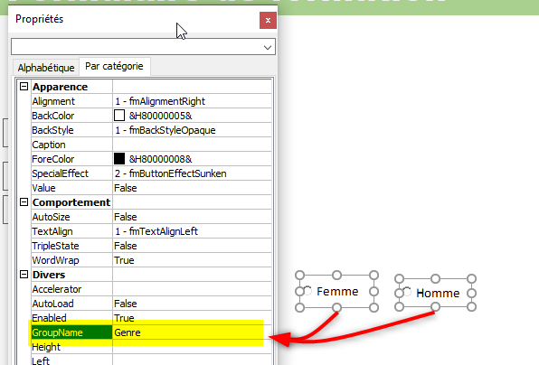 Excel, Grouper les boutons d'option ActiveX.