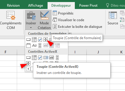Excel, Insertion d'un contrôle Toupie.