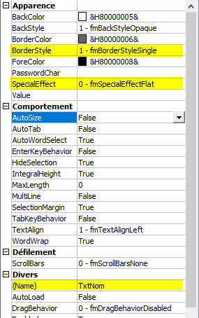 Excel, Modifier les propriétés d'un contrôle.