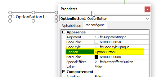 Excel, Modifier le texte de la case d'option (Contrôle ActiveX).