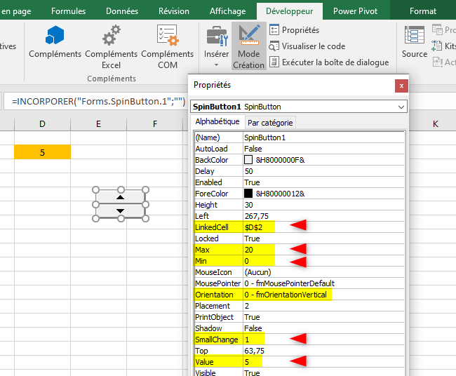 Excel, Paramétrer une Toupie Contrôle ActiveX.