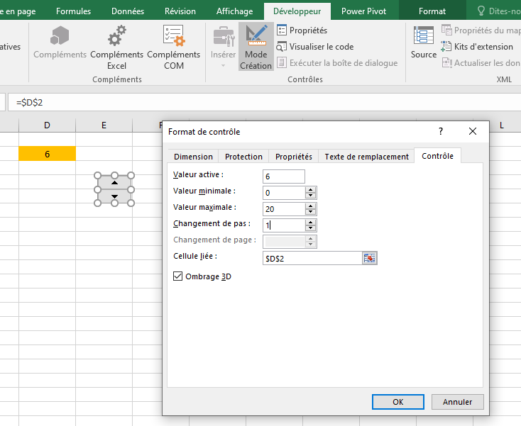 Excel, Paramétrer une Toupie Contrôle de formulaire.