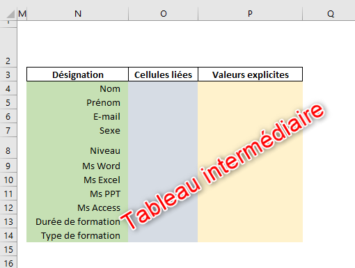 Excel, Tableau intermédiaire pour récupérer les valeurs retournées par les contrôles.